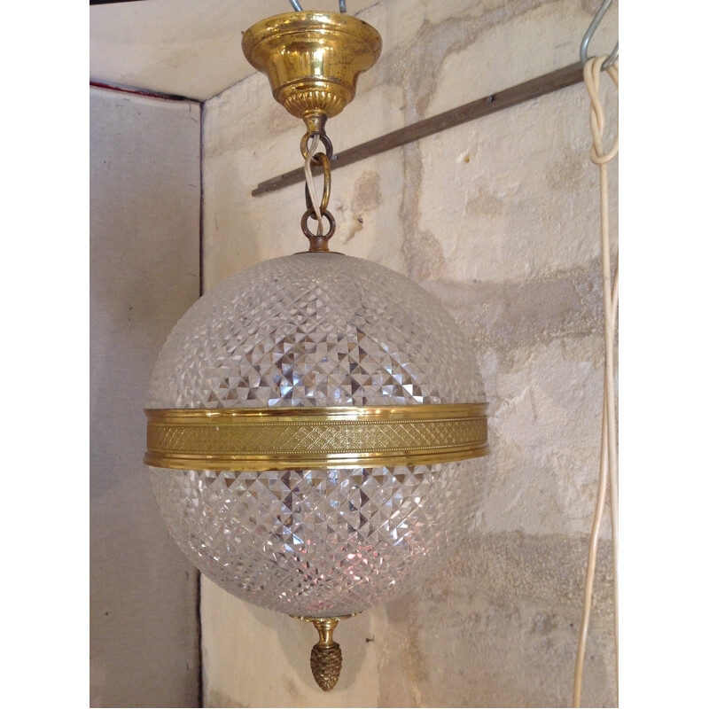 Ball pendant lamp in crystal and brass - 1960s