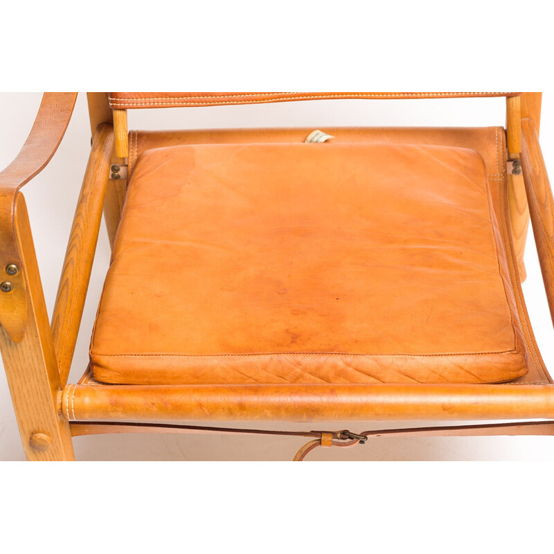 Vintage tan leather Safari Chair by Kaare Klint for Rud Rasmussen - 1960s