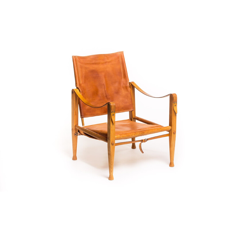 Vintage tan leather Safari Chair by Kaare Klint for Rud Rasmussen - 1960s