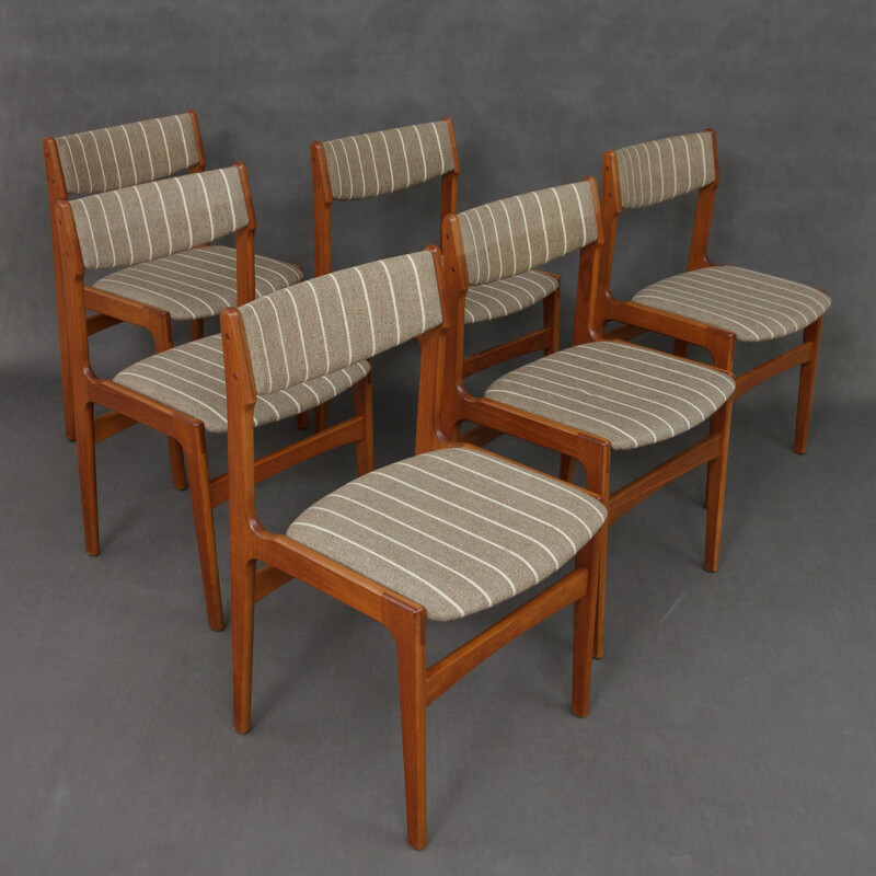 Set of 6 striped chairs in teak and wool - 1960s