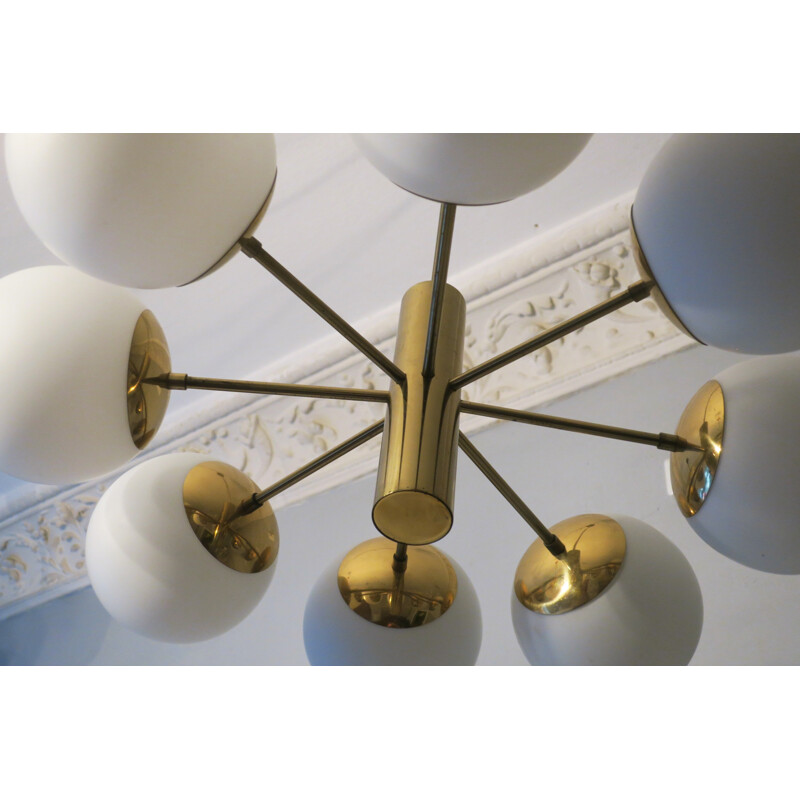 Mid-century Italian Brass and Glass Chandelier with Eight Radiating Arms - 1970s