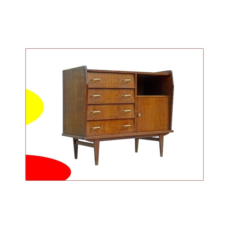 French mid-century highboard in renovated wood - 1960s