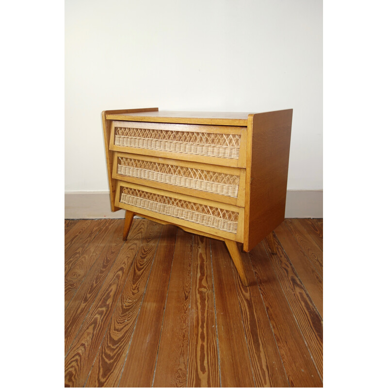 Vintage french oak and rattan chest of drawers - 1950s