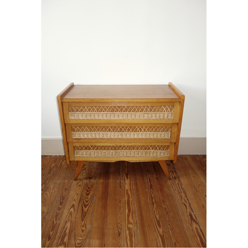 Vintage french oak and rattan chest of drawers - 1950s