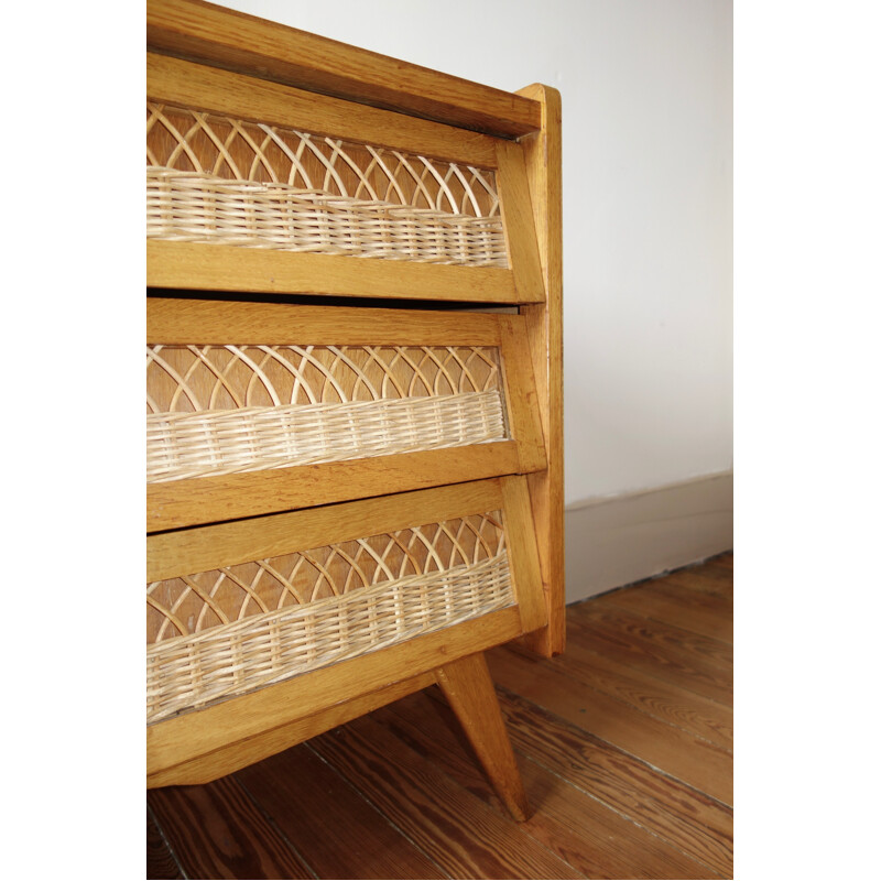 Vintage french oak and rattan chest of drawers - 1950s