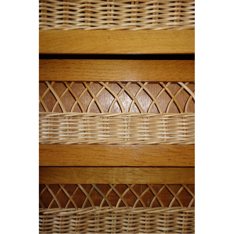 Vintage french oak and rattan chest of drawers - 1950s