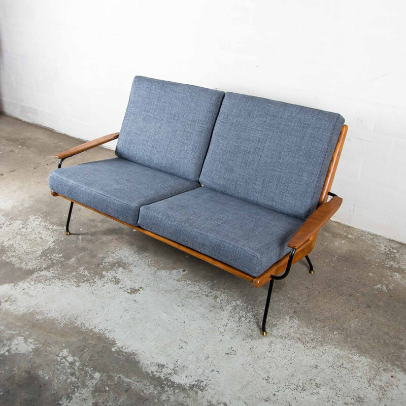 Vintage blue scandinavian bench in wood and metal - 1960s