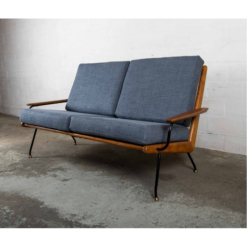 Vintage blue scandinavian bench in wood and metal - 1960s