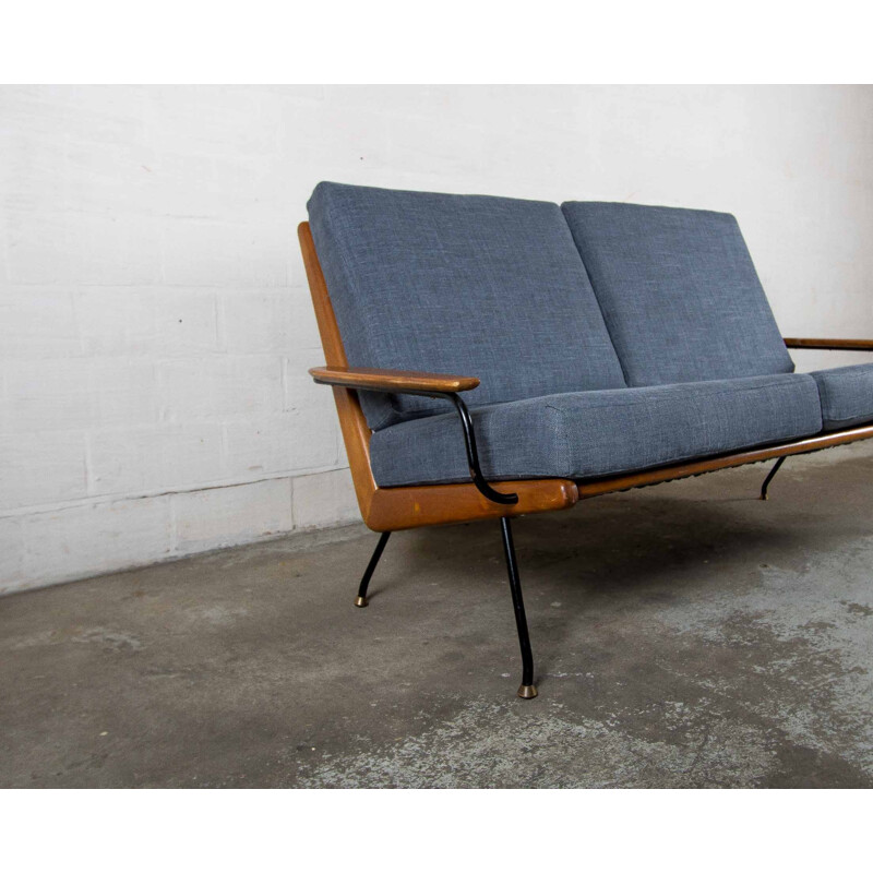 Vintage blue scandinavian bench in wood and metal - 1960s