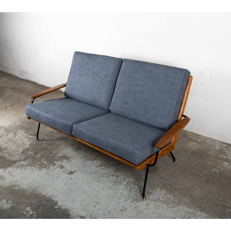 Vintage blue scandinavian bench in wood and metal - 1960s