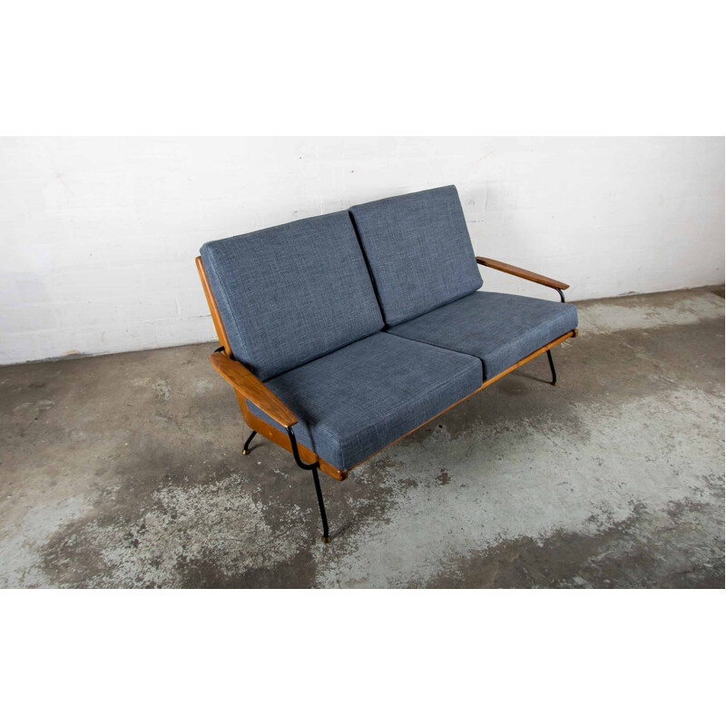 Vintage blue scandinavian bench in wood and metal - 1960s