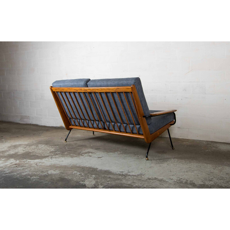 Vintage blue scandinavian bench in wood and metal - 1960s