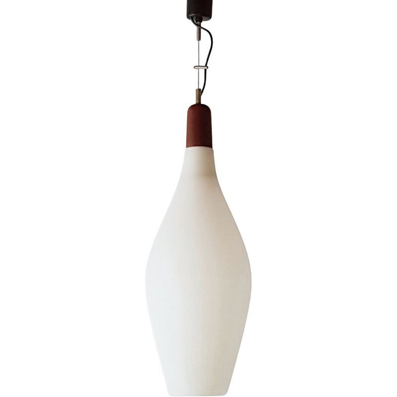 Lampada a sospensione scandinava in vetro e teak - 1960