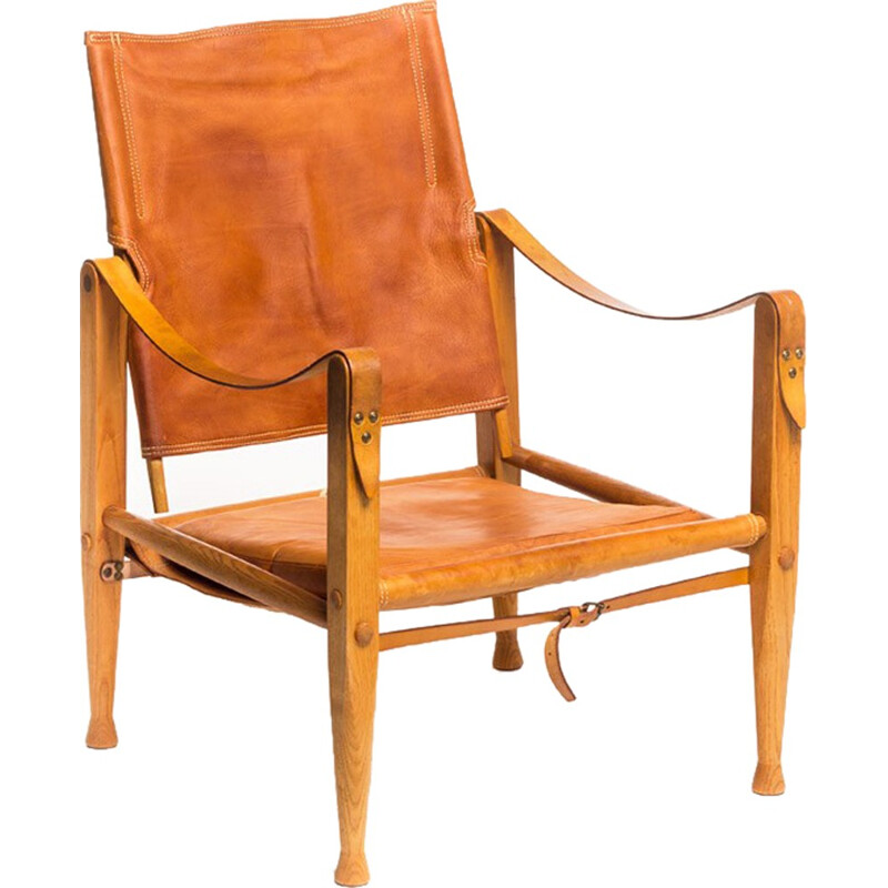 Vintage tan leather Safari Chair by Kaare Klint for Rud Rasmussen - 1960s