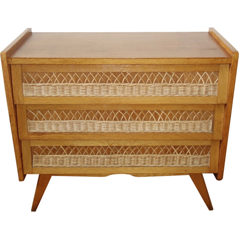 Vintage french oak and rattan chest of drawers - 1950s