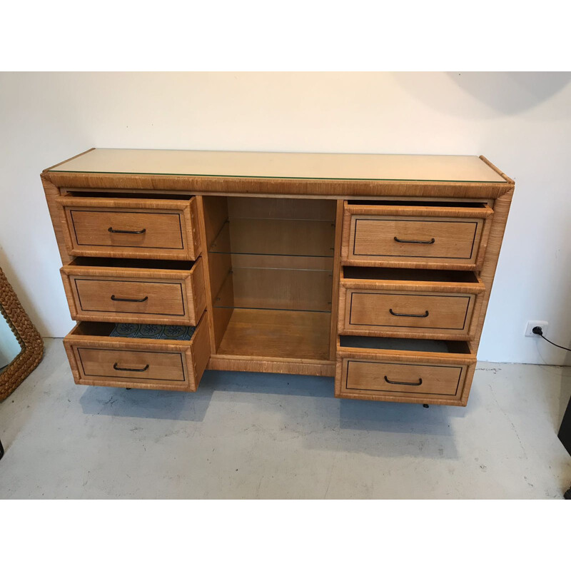 Vintage Rattan and Oak highboard - 1960s