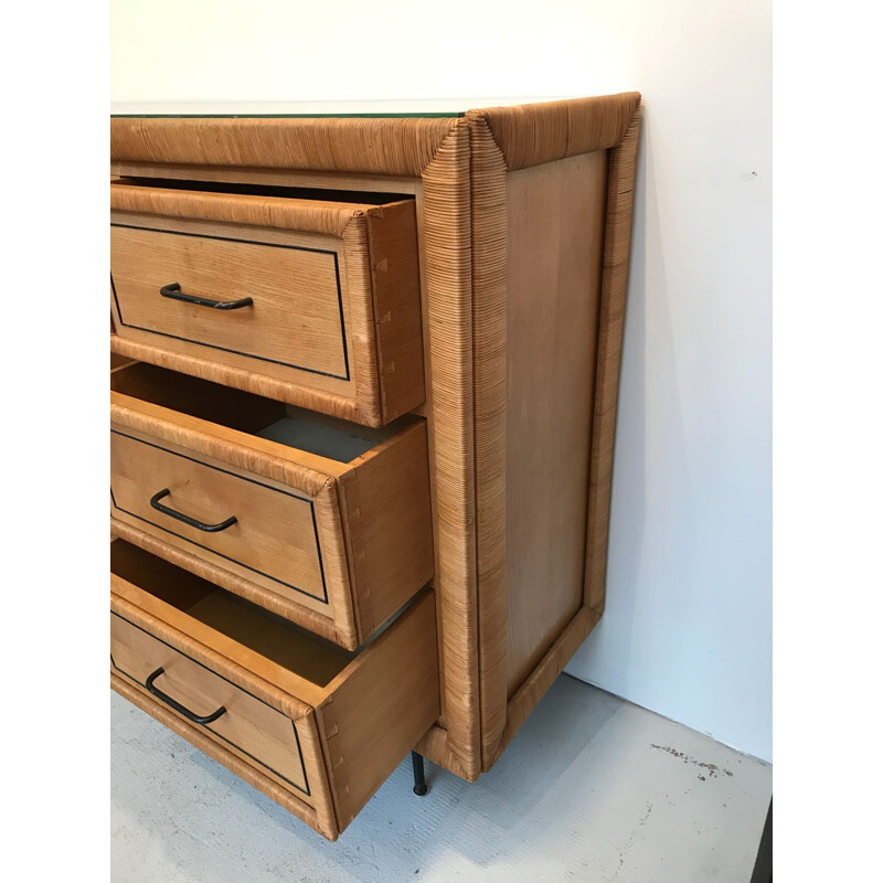 Vintage Rattan and Oak highboard - 1960s