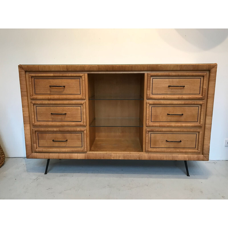 Vintage Rattan and Oak highboard - 1960s