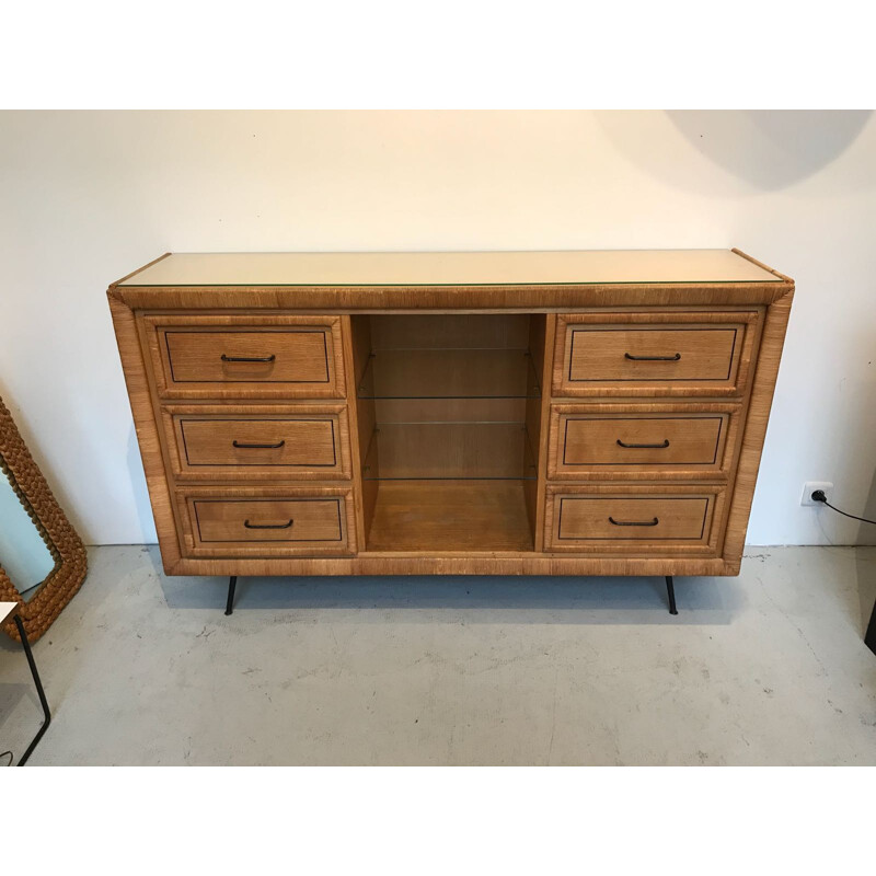 Vintage Rattan and Oak highboard - 1960s