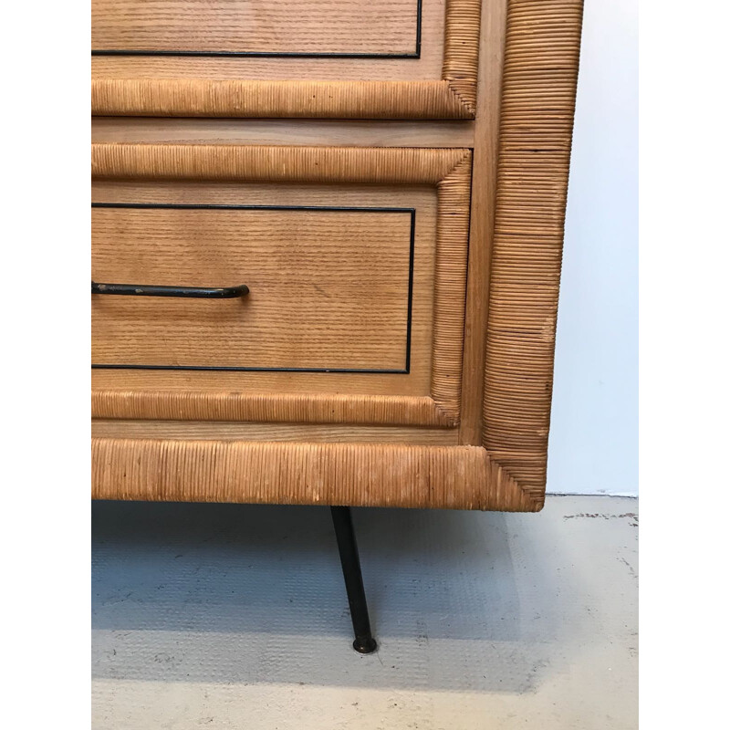 Vintage Rattan and Oak highboard - 1960s