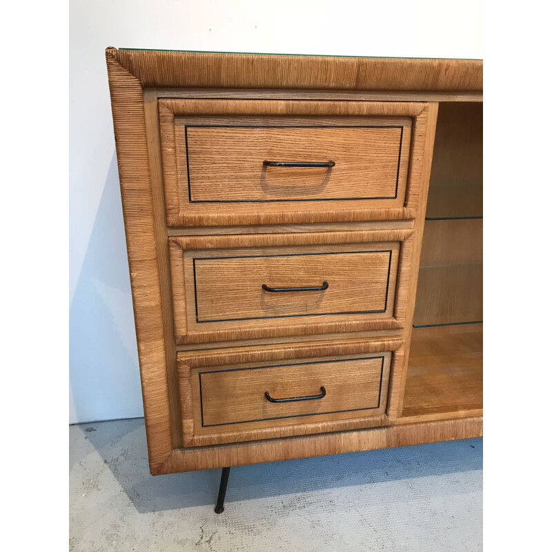 Vintage Rattan and Oak highboard - 1960s