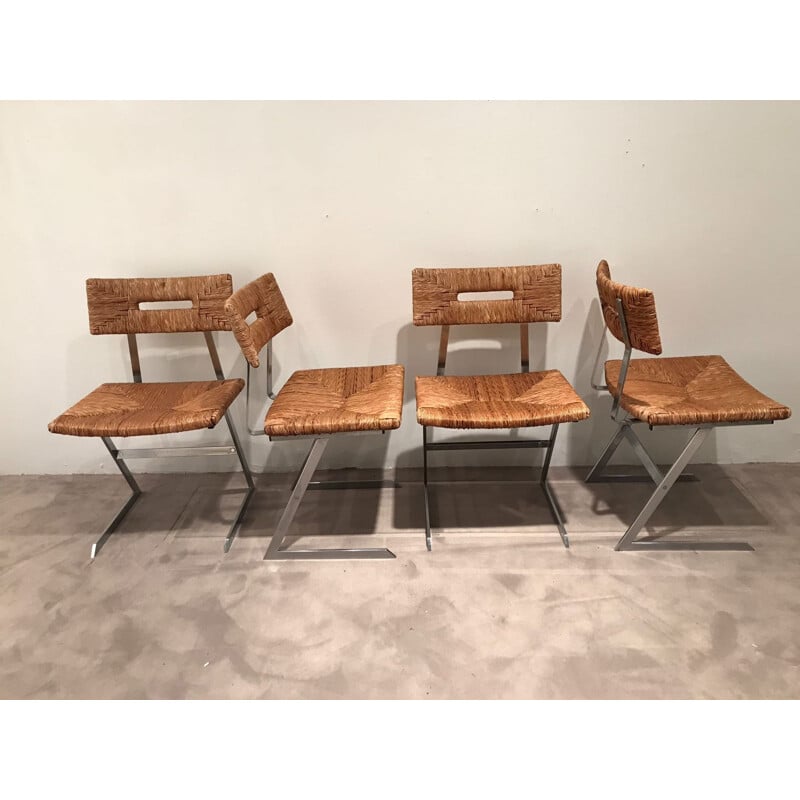 Vintage set of 4 metal and straw chairs - 1970s