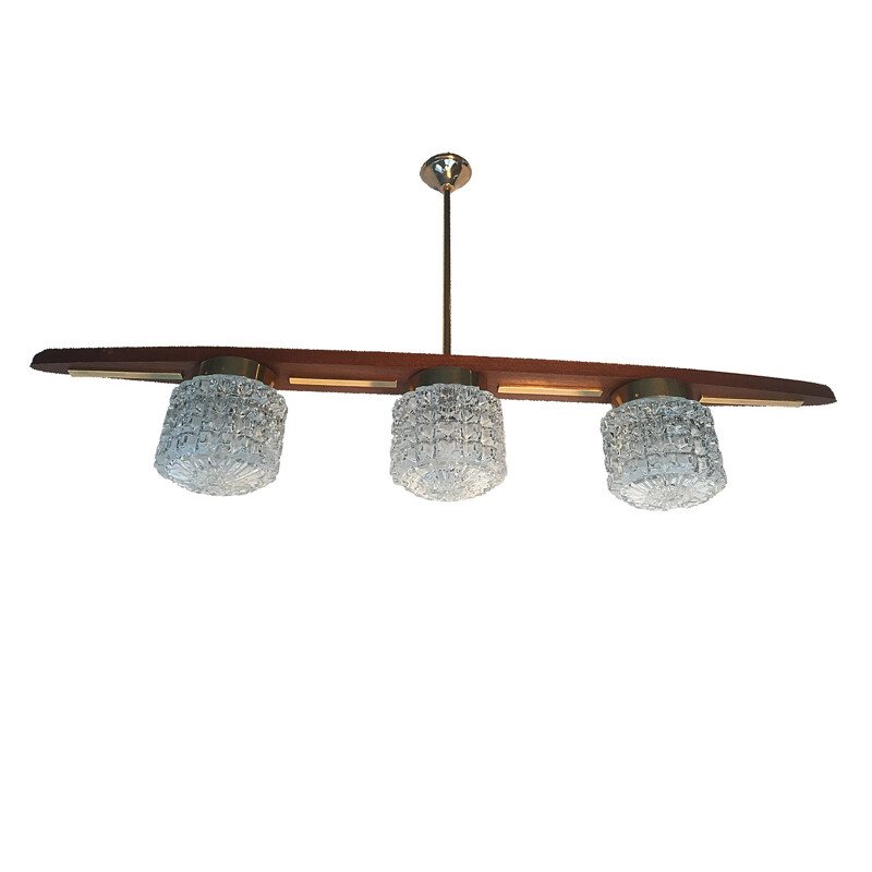 Lustre vintage scandinave en bois et laiton - 1950