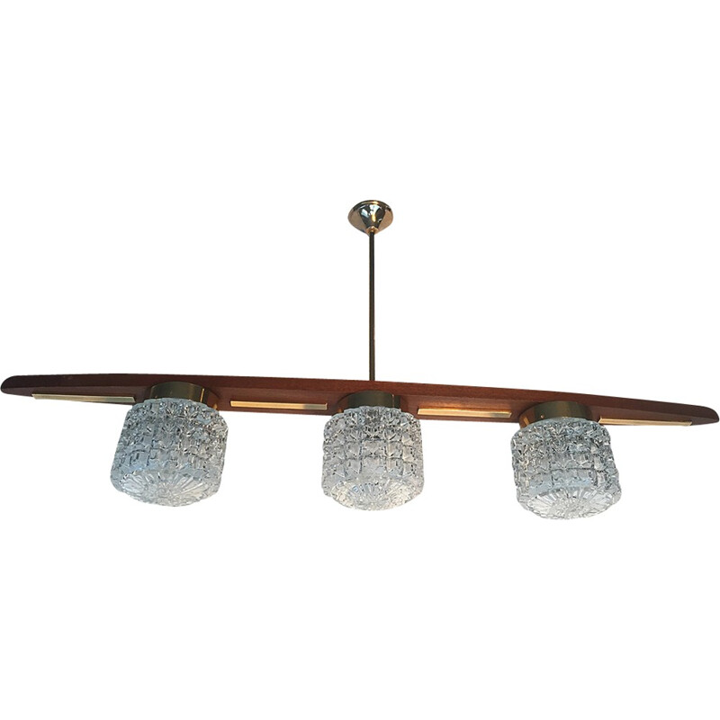 Lustre vintage scandinave en bois et laiton - 1950