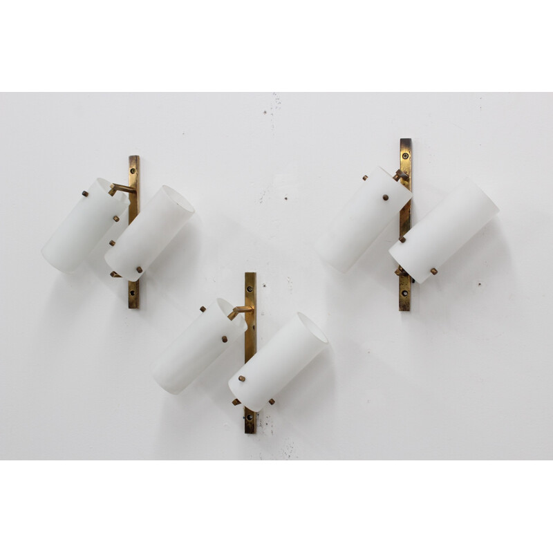 Vintage set of 3 opaline and brass wall lamp by STILUX Milano - 1950s