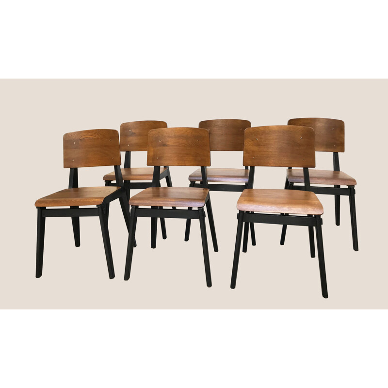 Suite of 6 chairs in natural wood and blackened wood