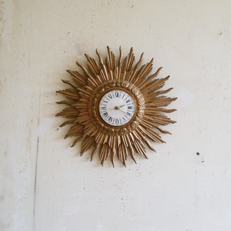 Vintage Giltwood Sunburst Wall Clock from C.J.H. Sens en Zonen - 1960s