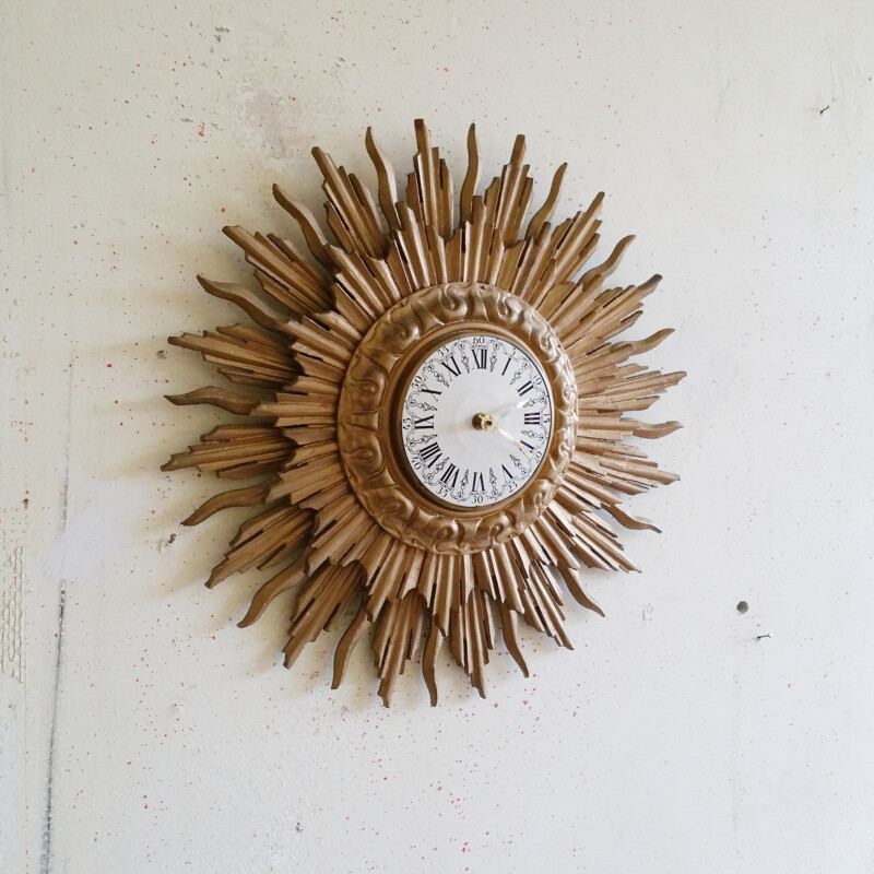 Vintage Giltwood Sunburst Wall Clock from C.J.H. Sens en Zonen - 1960s