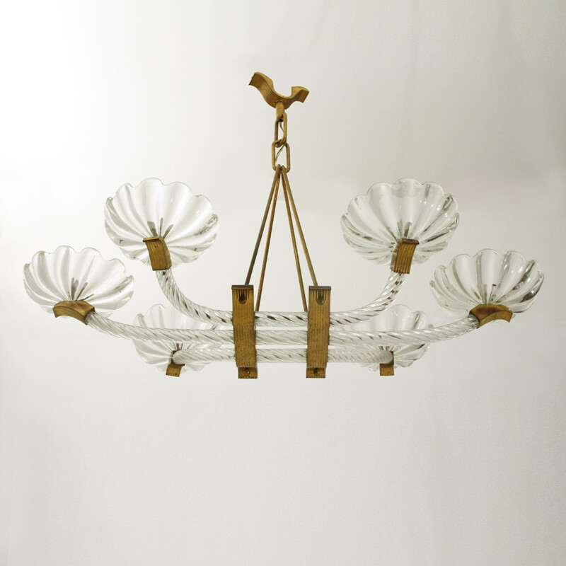 Mid-century Italian murano glass and brass chandelier with six arms - 1940s