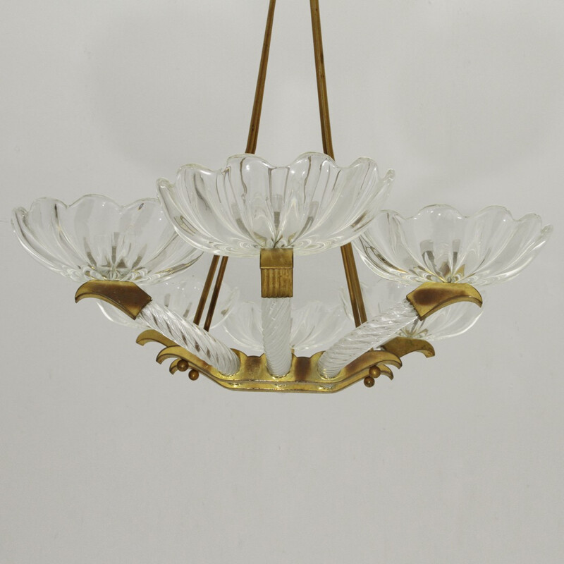 Mid-century Italian murano glass and brass chandelier with six arms - 1940s