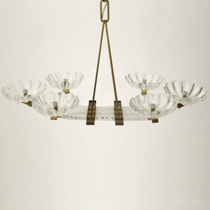 Mid-century Italian murano glass and brass chandelier with six arms - 1940s