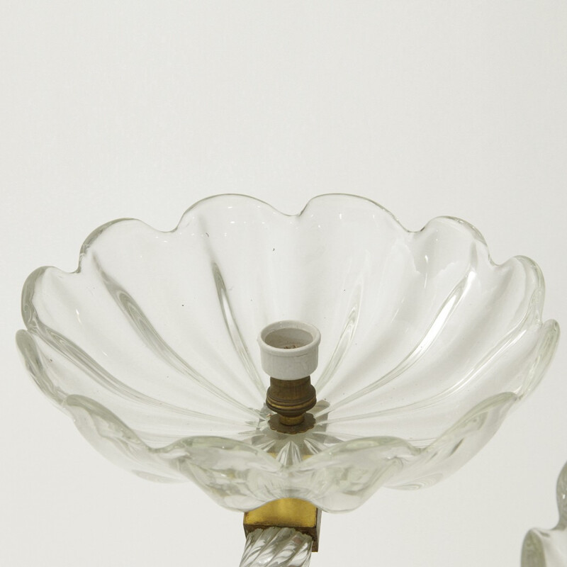 Lustre italien vintage en verre Murano et en laiton avec six bras - 1940