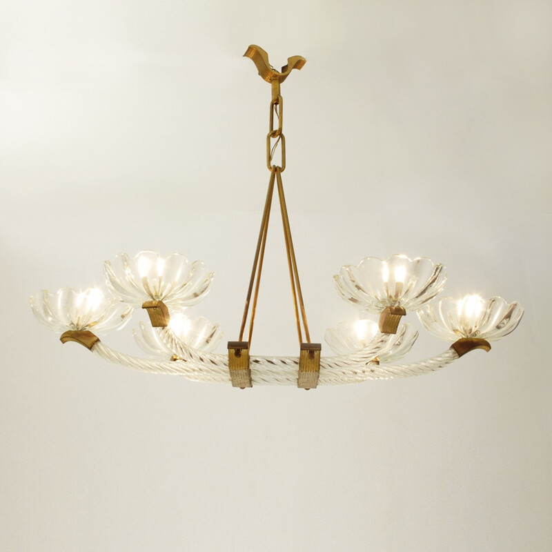 Mid-century Italian murano glass and brass chandelier with six arms - 1940s