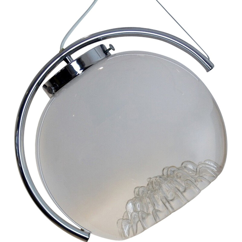 Mid-century Chrome and Frosted Glass Moon Pendant lamp for A.V. Mazzega, Italy - 1970s