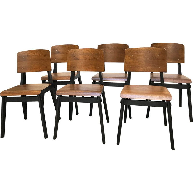 Suite of 6 chairs in natural wood and blackened wood