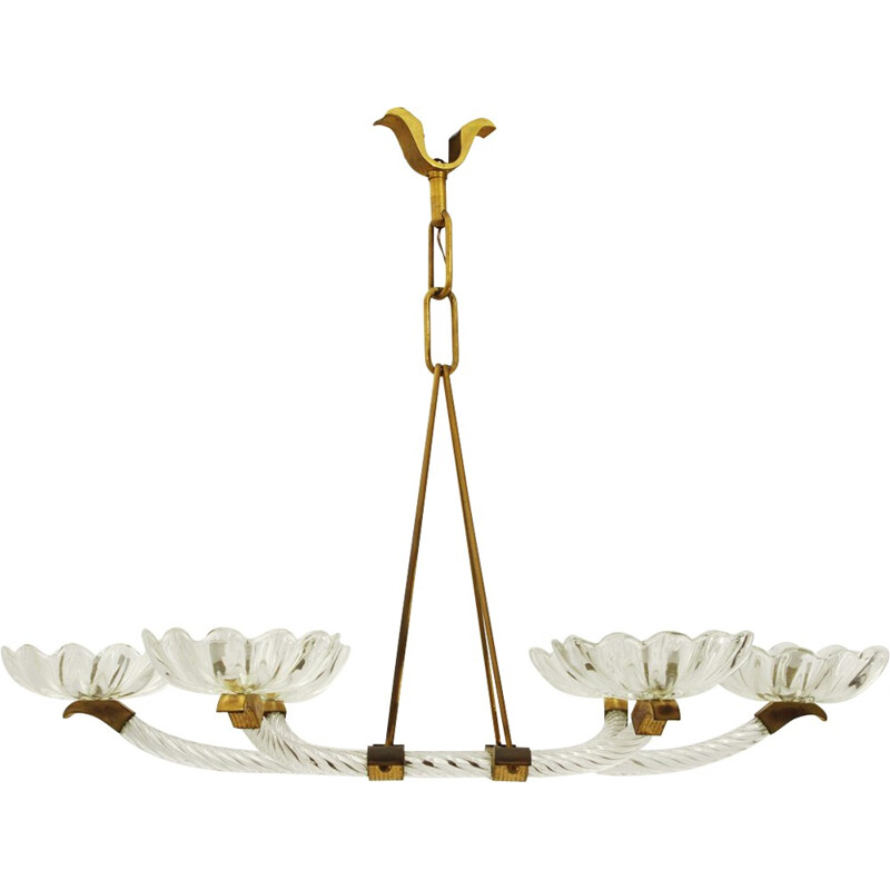 Mid-century Italian murano glass and brass chandelier with six arms - 1940s