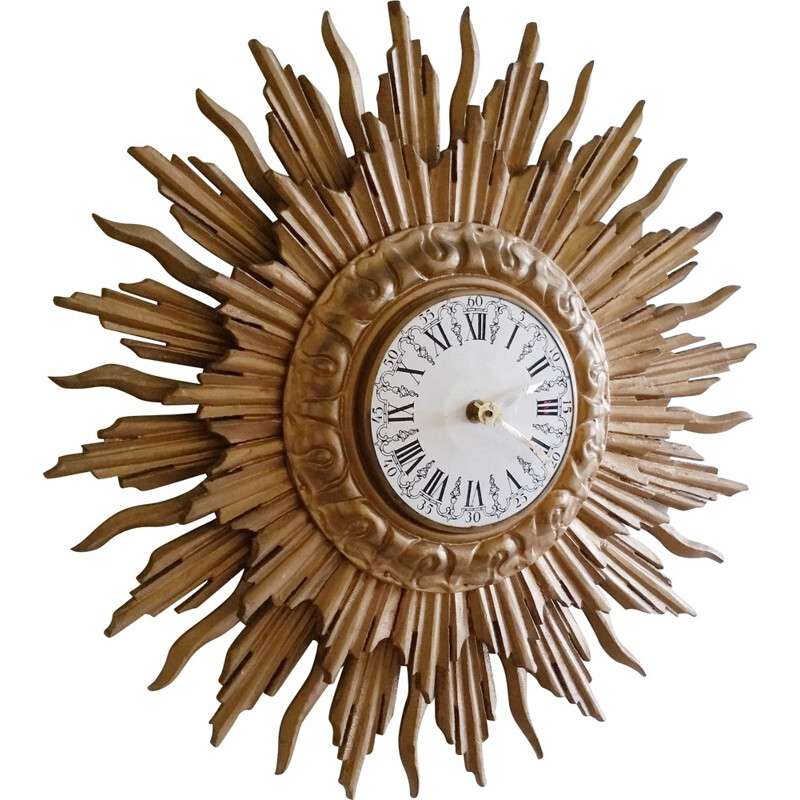 Vintage Giltwood Sunburst Wall Clock from C.J.H. Sens en Zonen - 1960s