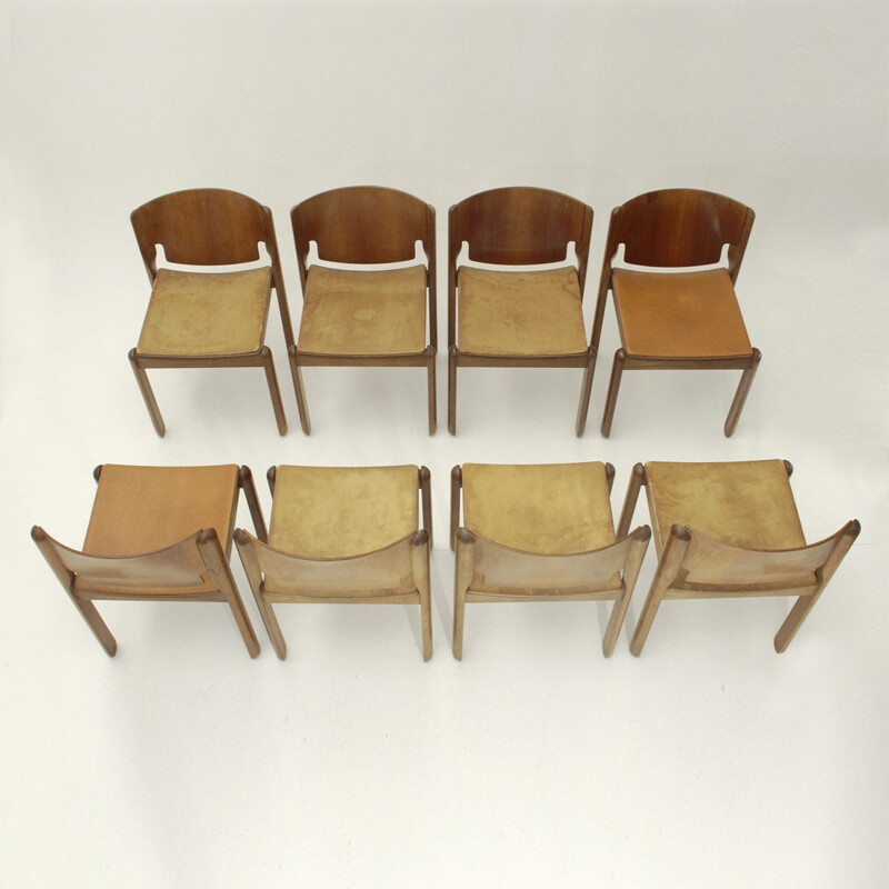 Set of 8 Mid-century Model 122 dining chairs with leather seat by Vico Magistretti for Cassina - 1960s