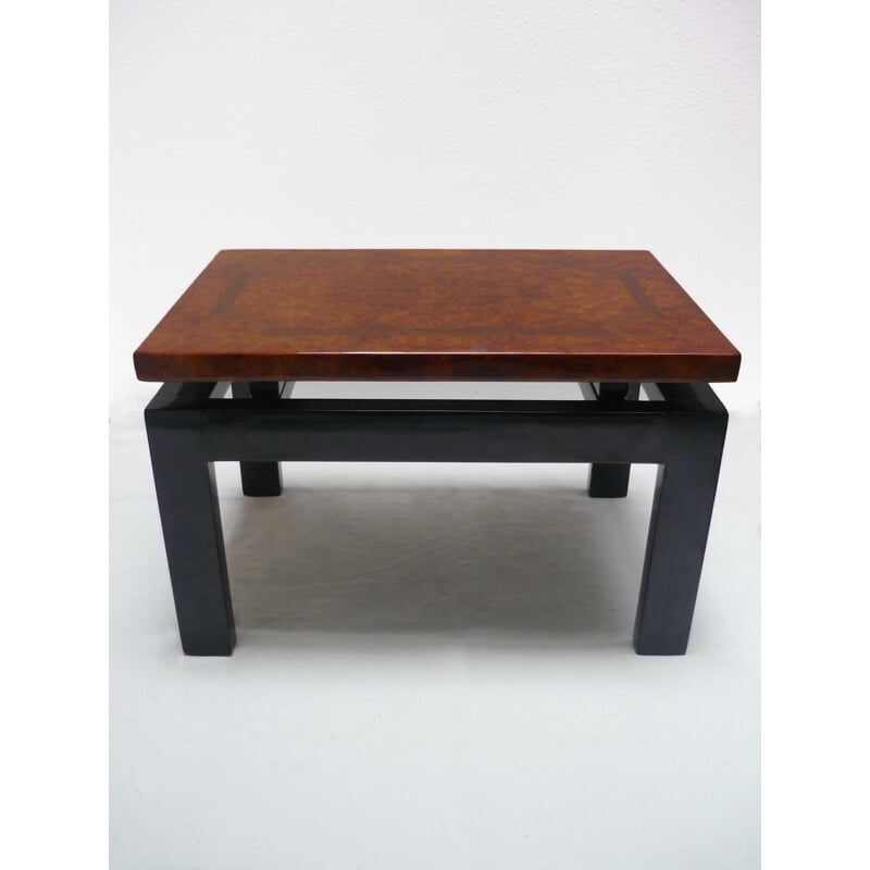 Mid-century Black lacquered coffee table and wooden top of elm and marquetry - 1980s