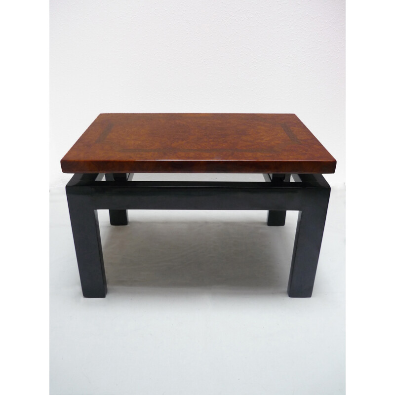 Table basse vintage laquée noire et plateau en bois de loupe d'orme et marqueterie - 1980