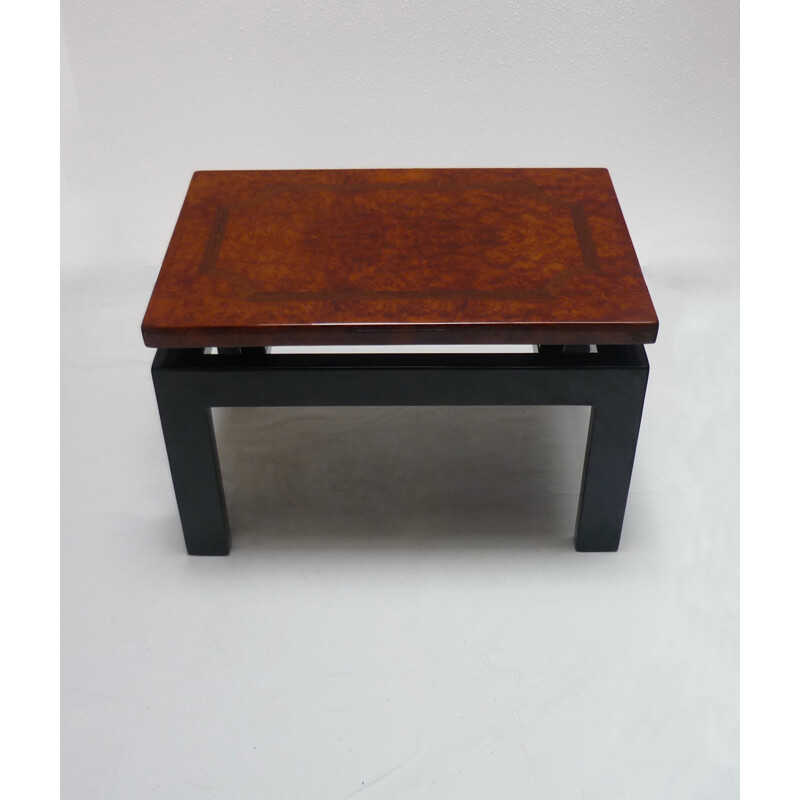 Table basse vintage laquée noire et plateau en bois de loupe d'orme et marqueterie - 1980