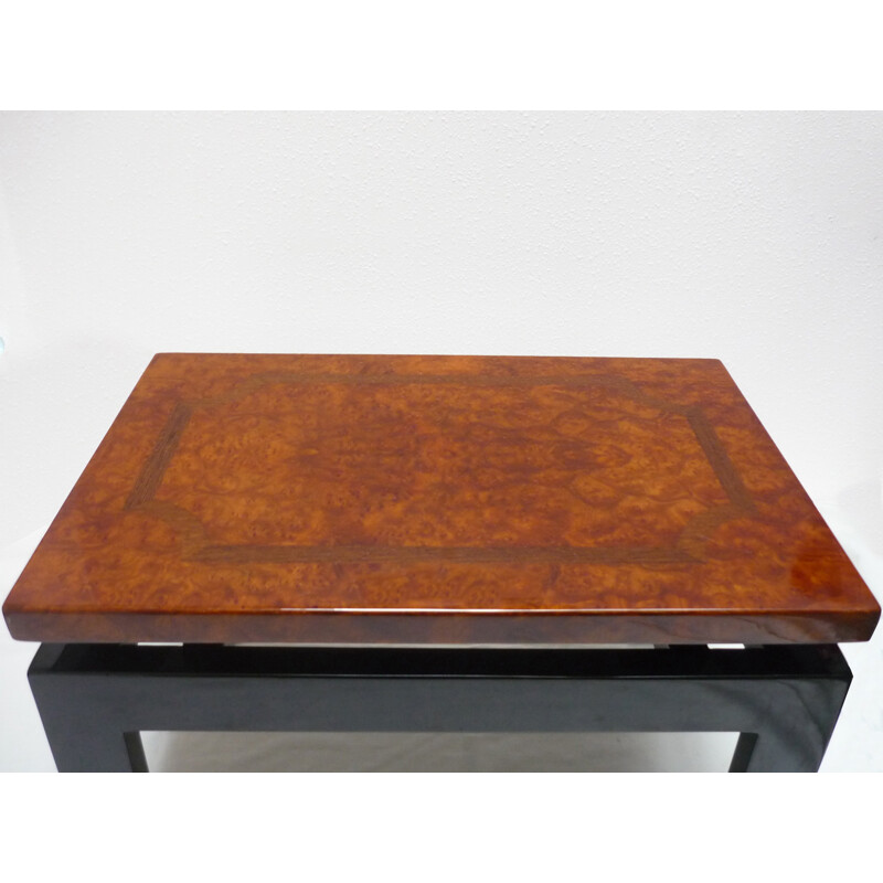 Mid-century Black lacquered coffee table and wooden top of elm and marquetry - 1980s