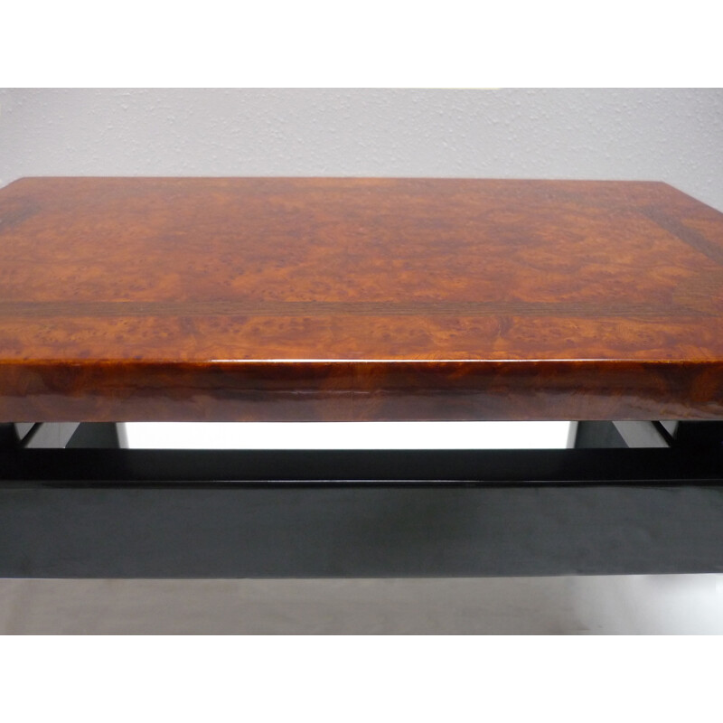 Mid-century Black lacquered coffee table and wooden top of elm and marquetry - 1980s