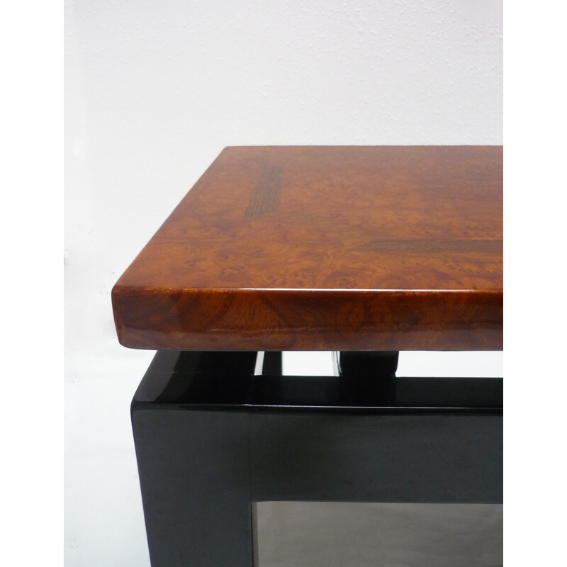 Table basse vintage laquée noire et plateau en bois de loupe d'orme et marqueterie - 1980