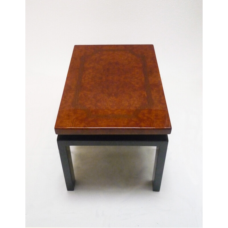 Mid-century Black lacquered coffee table and wooden top of elm and marquetry - 1980s