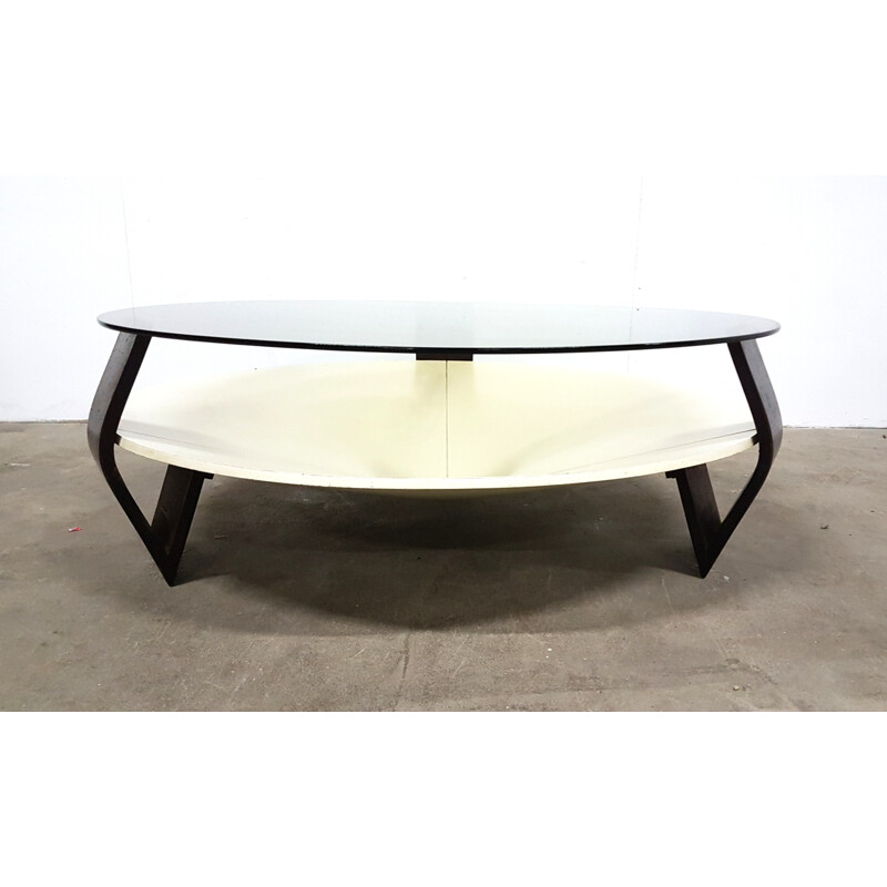 Mid-century Space age coffee table in plywood and smoked glass - 1970s
